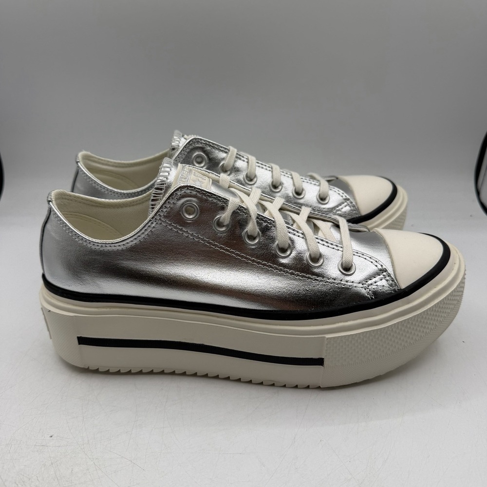 Converse All Star Low Top Platform Shoes Womens Sz 10.5 Silver Metallic Sneakers